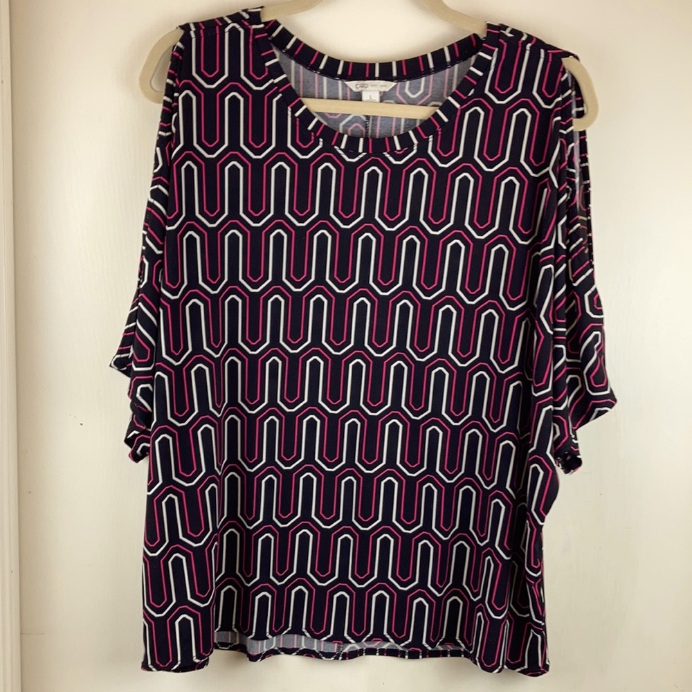 CATO Black Geometric Open Shoulder Short Sleeve Batwing Blouse A126